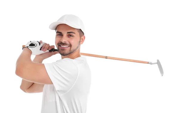 Ung man spelar golf på vit bakgrund — Stockfoto
