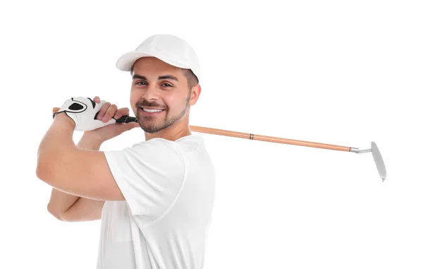 Jovem jogando golfe no fundo branco — Fotografia de Stock