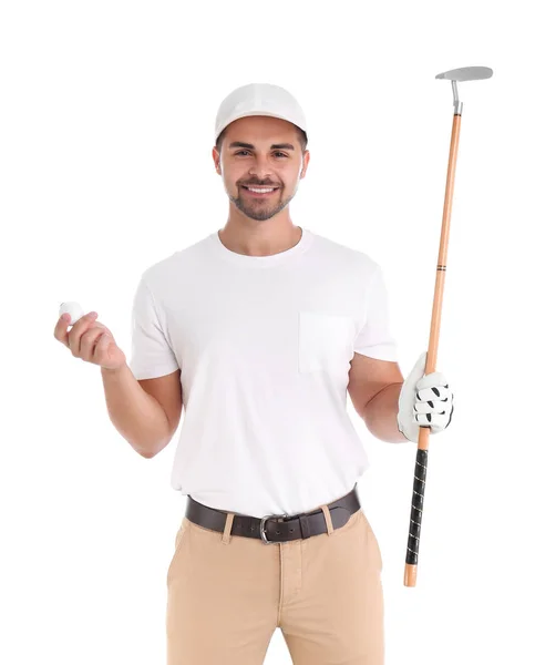 Retrato de joven con palo de golf y pelota sobre fondo blanco —  Fotos de Stock