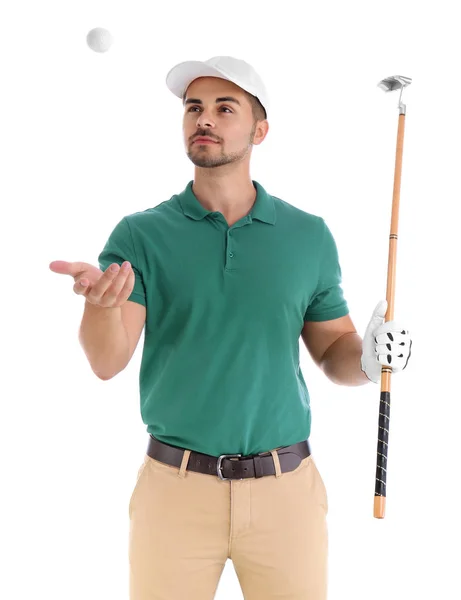 Beyaz arka plan üzerinde golf kulübü ve topu ile genç adam Portresi — Stok fotoğraf