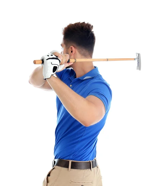 Young man playing golf on white background — Stock Photo, Image