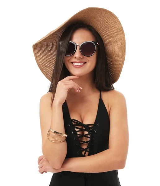 Mooie sexy vrouw met slank lichaam in stijlvolle zwarte bikini op witte achtergrond — Stockfoto