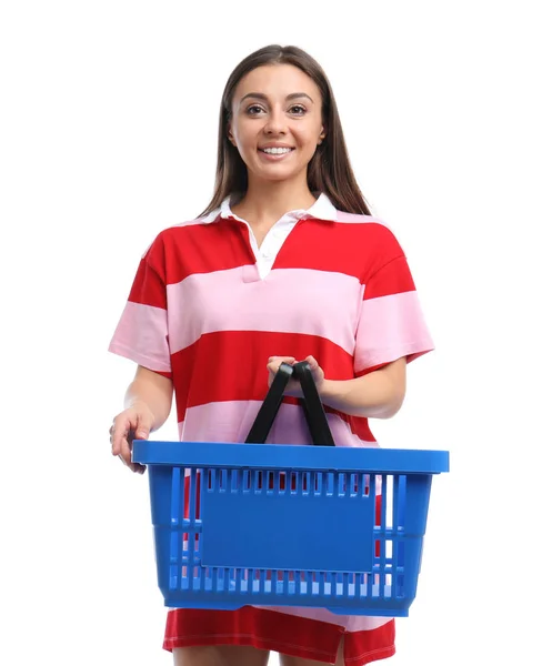 Young woman with empty shopping basket isolated on white — Stock Photo, Image