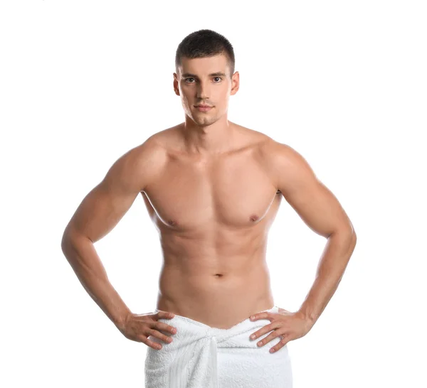 Mladý muž s štíhlým tělem na bílém pozadí — Stock fotografie