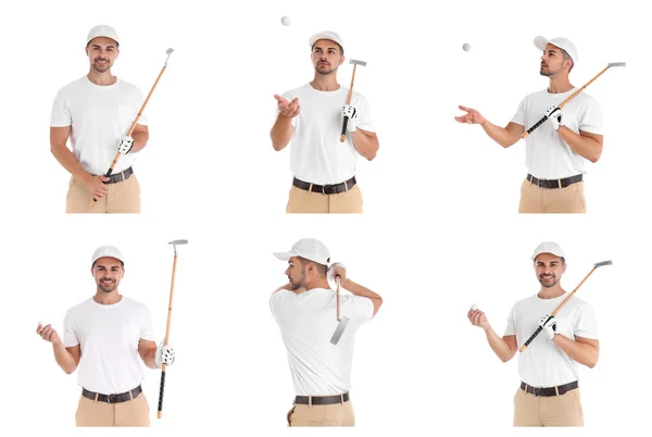 Colagem de jovem com clube de golfe e bola sobre fundo branco — Fotografia de Stock