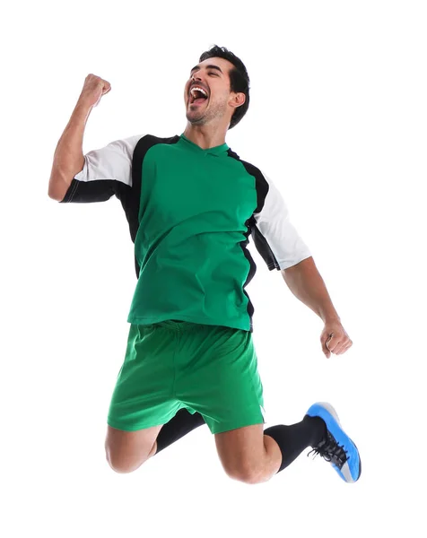 Young football player celebrating scoring of goal on white background — Stock Photo, Image