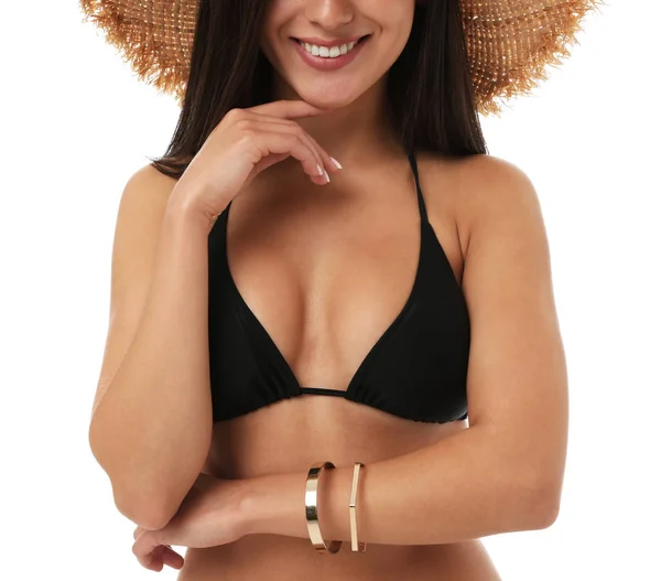 Mooie sexy vrouw met slank lichaam in stijlvolle zwarte bikini op witte achtergrond, close-up bekijken — Stockfoto