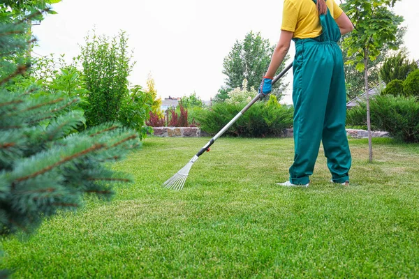 Woman raking green lawn at backyard. Home gardening — Stock Photo, Image