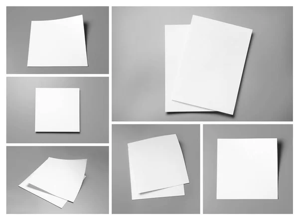 Uppsättning tomma broschyrer på grå bakgrund. Mock-up för design — Stockfoto