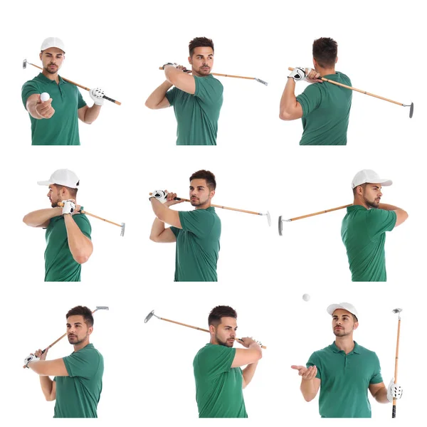 Collage eines jungen Mannes mit Golfschläger auf weißem Hintergrund — Stockfoto