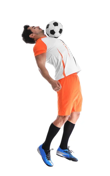 Junger Mann spielt Fußball auf weißem Hintergrund — Stockfoto