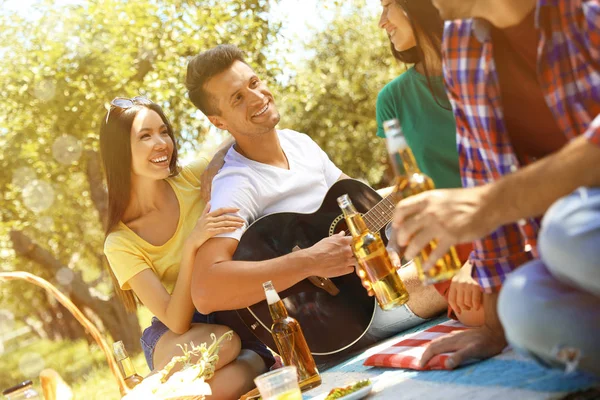 Gelukkige vrienden picknicken in het park op zonnige dag — Stockfoto