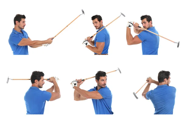 Collage of young man with golf club on white background — Stock Photo, Image