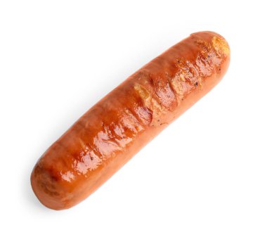 Beyaz arka planda lezzetli ızgara sosis. Barbekü yemekleri