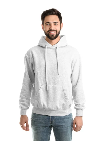 Portrait of young man in sweater isolated on white. Mock up for design — Stock Photo, Image