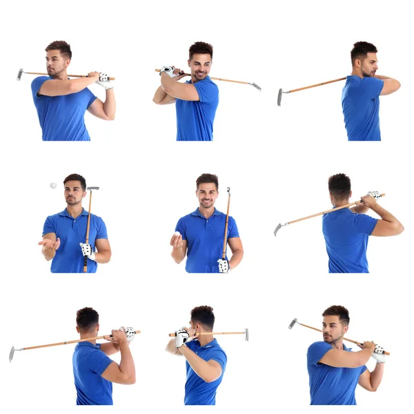 Collage de joven con palo de golf sobre fondo blanco —  Fotos de Stock