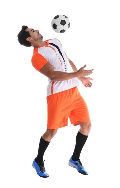 Young man playing football on white background — Stock Photo, Image