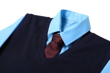 Beyaz arka plan, closeup yeni şık okul üniforması