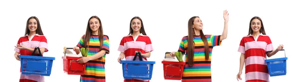 Conjunto de jovem com cesta de compras no fundo branco — Fotografia de Stock