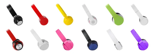 Set of different modern headphones on white background. Banner design — Stock Photo, Image