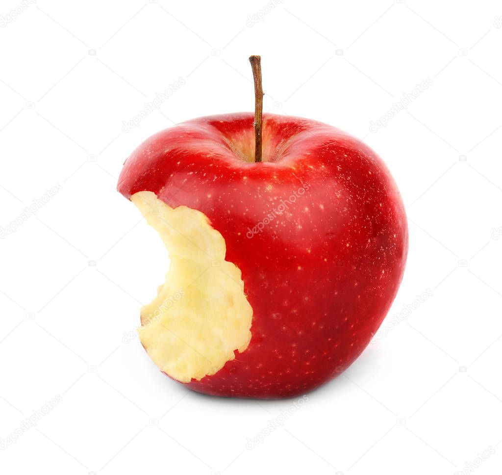 Ripe juicy red apple with bite mark on white background