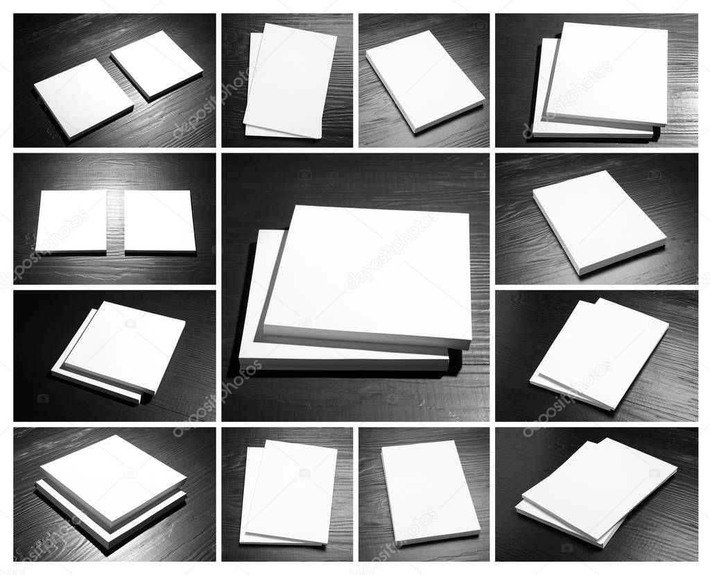 Set of blank brochures on black wooden table. Mock up for design