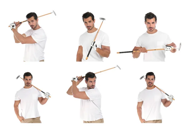 Colagem de jovem com clube de golfe em fundo branco — Fotografia de Stock