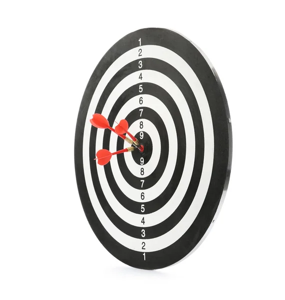 Red arrows hitting target on dart board against white background — Stock Photo, Image