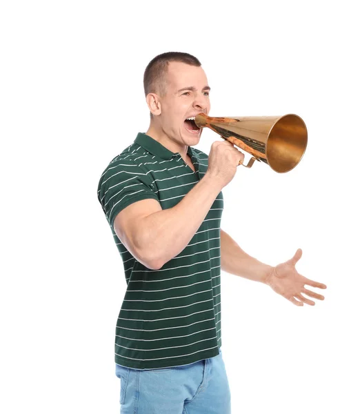 Giovane uomo emotivo con megafono su sfondo bianco — Foto Stock