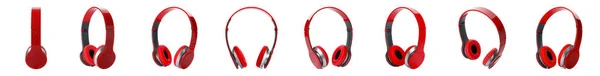 Conjunto de fones de ouvido vermelhos modernos no fundo branco. Design de banner — Fotografia de Stock