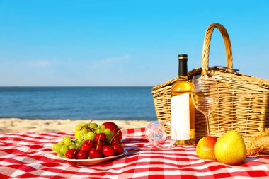 Güneşli plajda piknik sepeti ve ürünleri ile damalı battaniye. Metin alanı