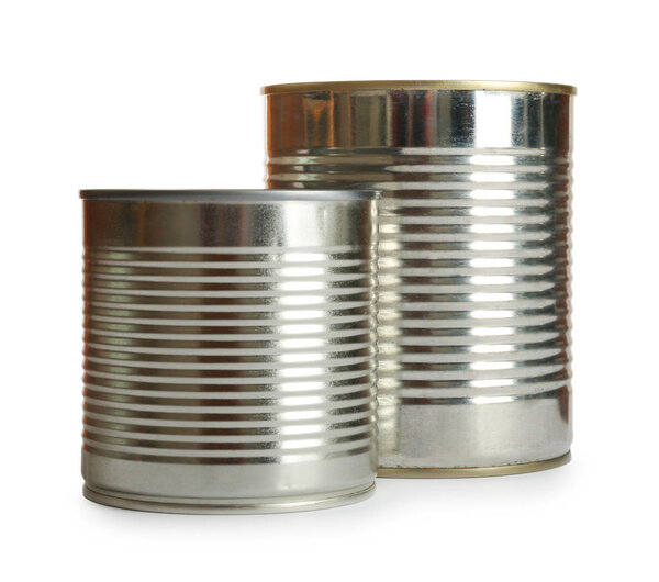 Closed tin cans isolated on white, mockup for design