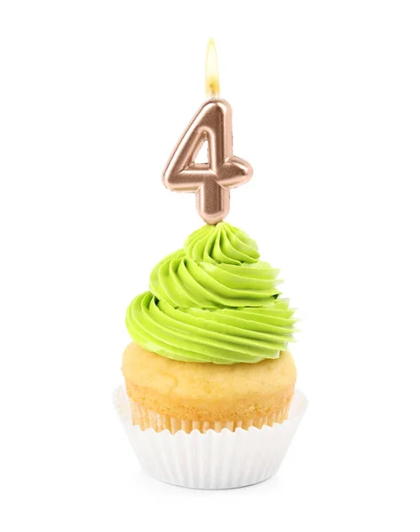 흰색 배경에 번호 4 촛불과 생일 컵 케이크 — 스톡 사진