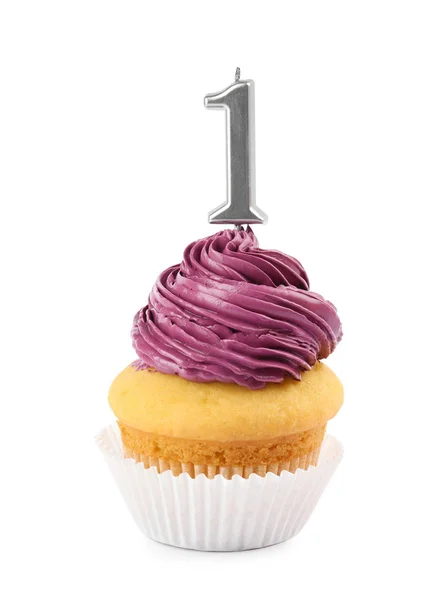 흰색 배경에 번호를 하나의 촛불과 생일 컵 케이크 — 스톡 사진