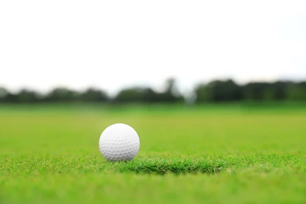 Мяч для гольфа возле лунки на зеленом поле — стоковое фото