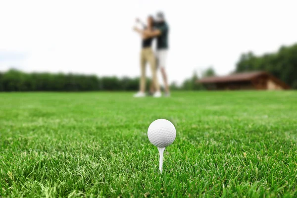 Tee s golfovým míčem na zeleném hřišti — Stock fotografie