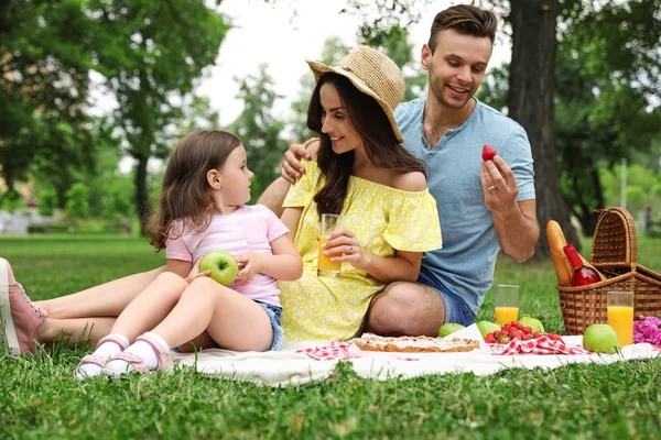 Famiglia felice che fa un picnic nel parco durante la giornata estiva — Foto Stock