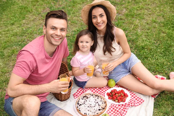 Happy family having picnic in park on summer day — Stock Photo, Image