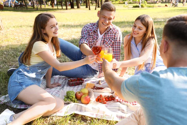 Jonge mensen genieten van picknick in Park op zomerdag — Stockfoto