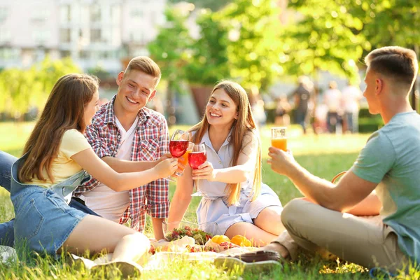 Young people enjoying picnic in park on summer day — Stock Photo, Image