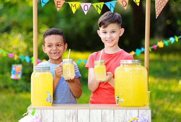 Anak laki-laki kecil yang lucu di limun berdiri di taman. Musim panas menyegarkan minuman alami — Stok Foto