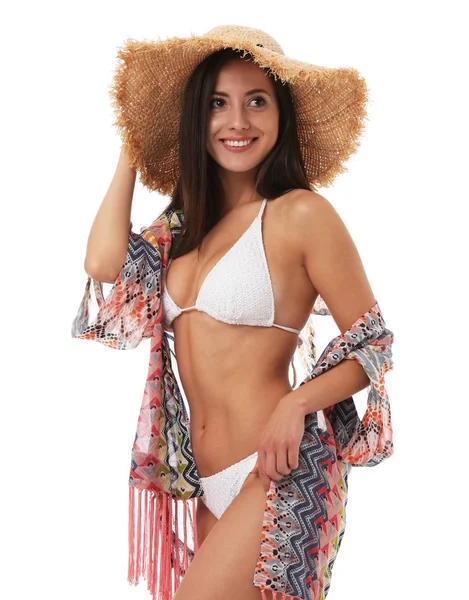 Mooie sexy vrouw met slank lichaam in stijlvolle bikini op witte achtergrond — Stockfoto