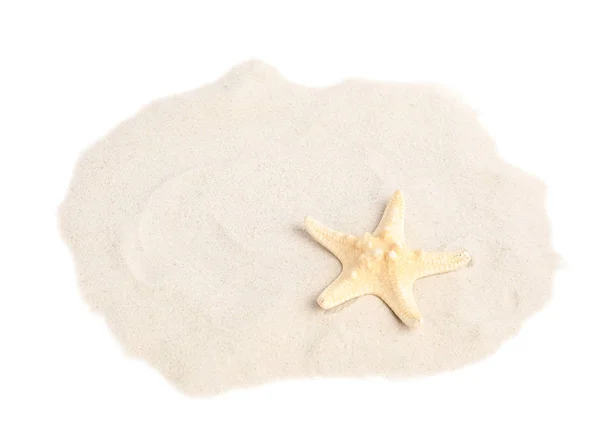 Pile of beach sand with beautiful starfish on white background, above view — Stock Photo, Image