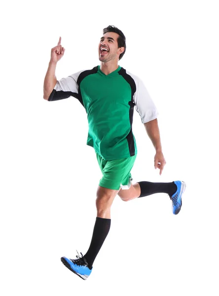 Young football player celebrating scoring of goal on white background — Stock Photo, Image