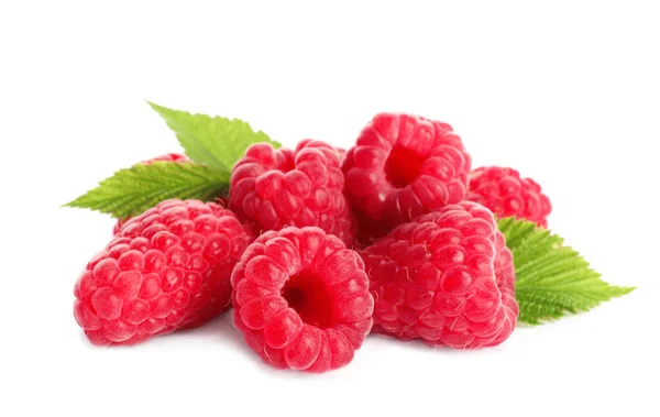 Delicious ripe sweet raspberries with leaves isolated on white Stock Image