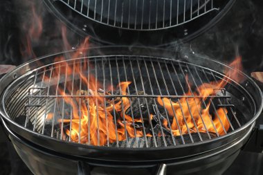 Yanan odun ile yeni modern barbekü ızgara, closeup