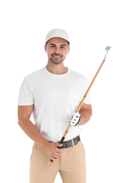 白色背景上带高尔夫球杆的年轻人的肖像 — 图库照片