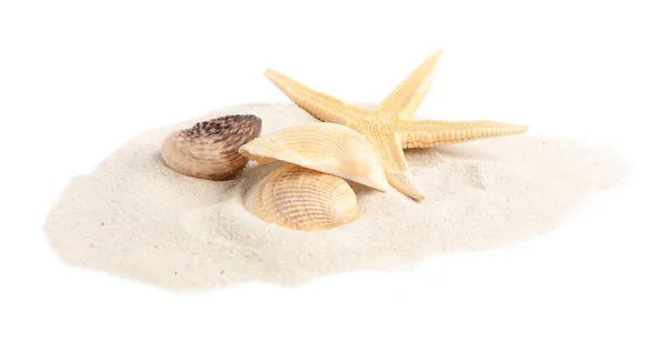 Stapel strand zand met prachtige zeesterren en zeeschelpen op witte achtergrond — Stockfoto