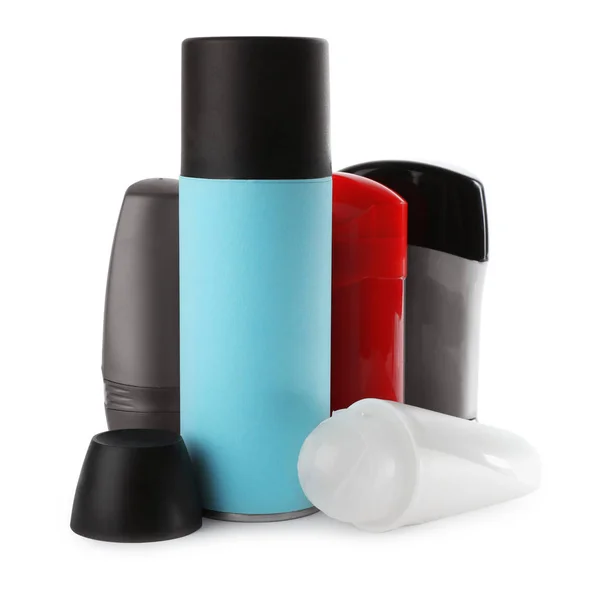 Sada různých samčích deodorantů na bílém pozadí — Stock fotografie