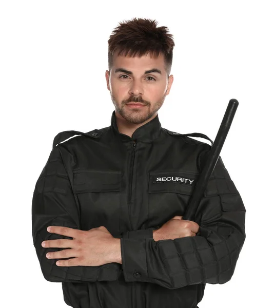 Gardien de sécurité masculin en uniforme avec matraque de police sur fond blanc — Photo